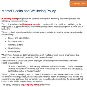 Mental Health Policy Template for Workplace Wellbeing - Editable Word ...