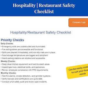 Restaurant Safety Checklist Template | Editable Food Safety, Kitchen and Employee Safety | Hospitality Industry Health & Safety Action Plan