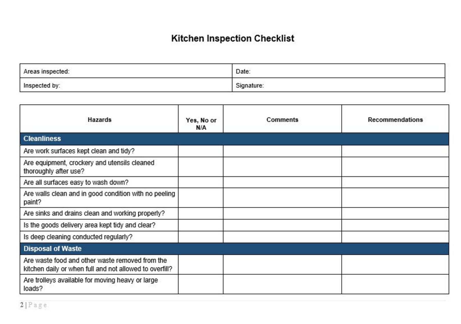 Kitchen Inspection Checklist Kitchen Inspection Template Inspection Form for Commercial Kitchens