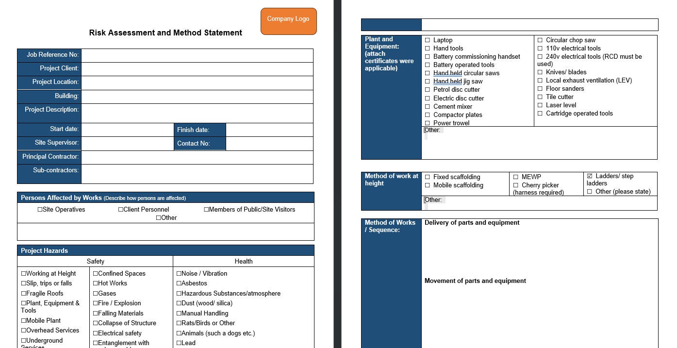 Risk assessment and method statement word template h s editable