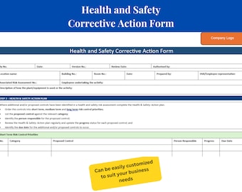 May include: A blue and white health and safety corrective action form with the title "Health and Safety Corrective Action Form" at the top. The form includes sections for location name, associated risk assessment number, building number, room number, review date, authorized by, prepared by, and HSR/Employee representative. The form also includes a section for short term risk control priorities with columns for number, category, proposed control, person responsible, progress, and due date.