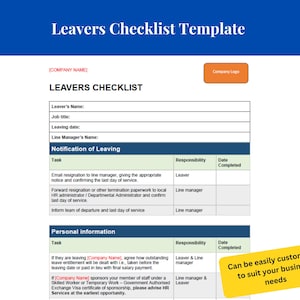 May include: A checklist template for employees leaving a company. The checklist includes sections for notification of leaving, personal information, and tasks to be completed. The text "Can be easily customized to suit your business needs" is at the bottom of the page.