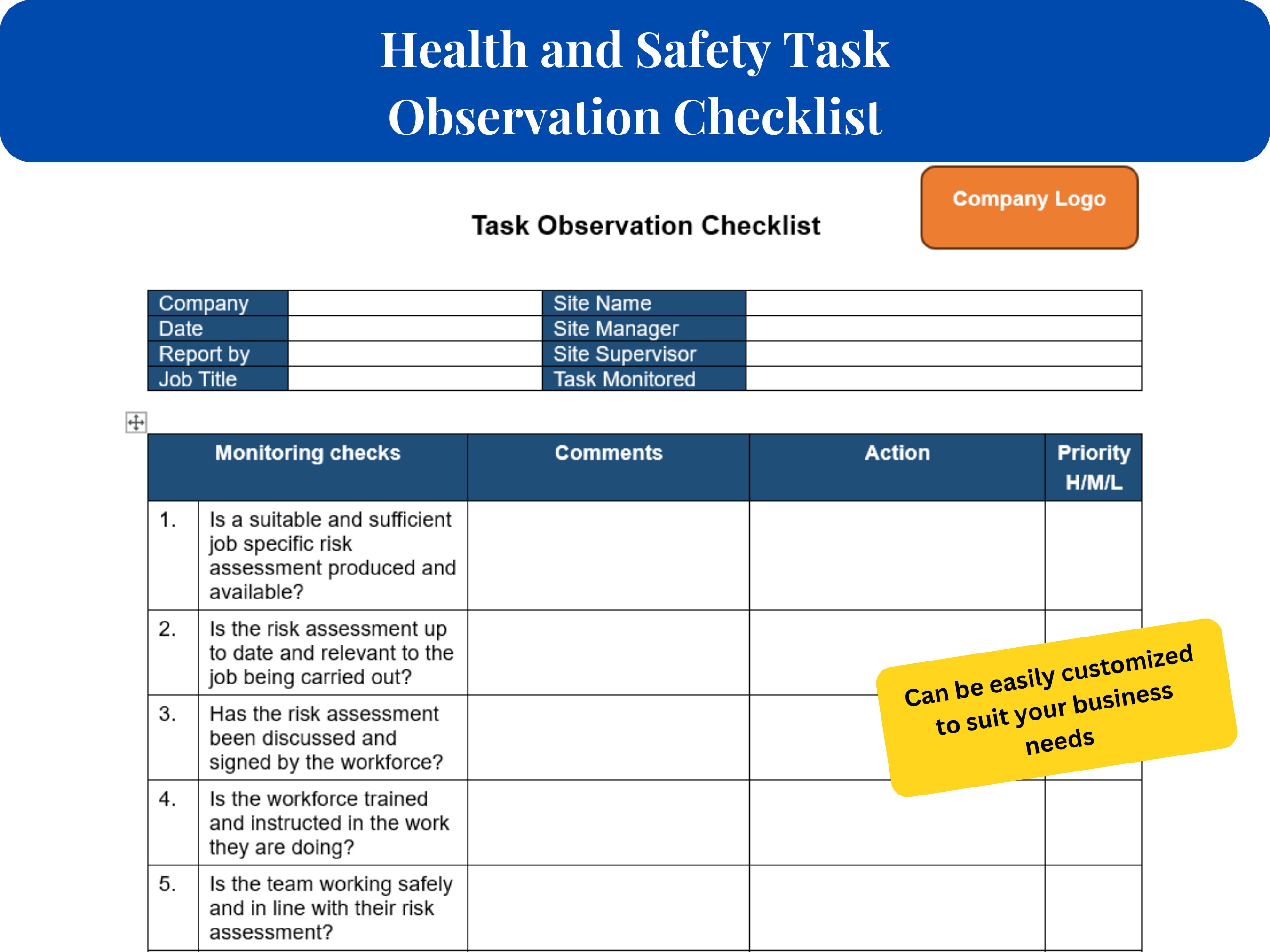 Complete Health and Safety Task Observation Checklist Template - Ensure ...
