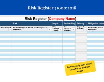 May include: A blue and white table with a light blue background. The table has a title that reads "Risk Register 31000:2018" and a subtitle that reads "Risk Register [Company Name]". The table has columns for Risk, Impact, Probability, Priority, and Mitigation Control.
