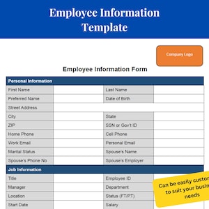 Employee Information Form Template | Editable HR Document for Personal Details | Small Business Tool