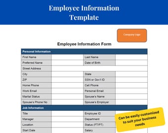 Employee Information Form Template | Editable HR Document for Personal Details | Small Business Tool