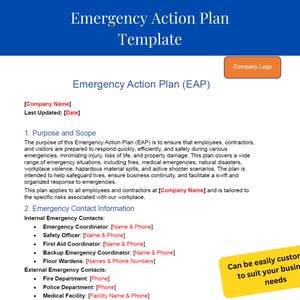 Emergency Action Plan Template | Editable 6-Page Emergency Procedure Document | Workplace Safety Plan for Business Owners