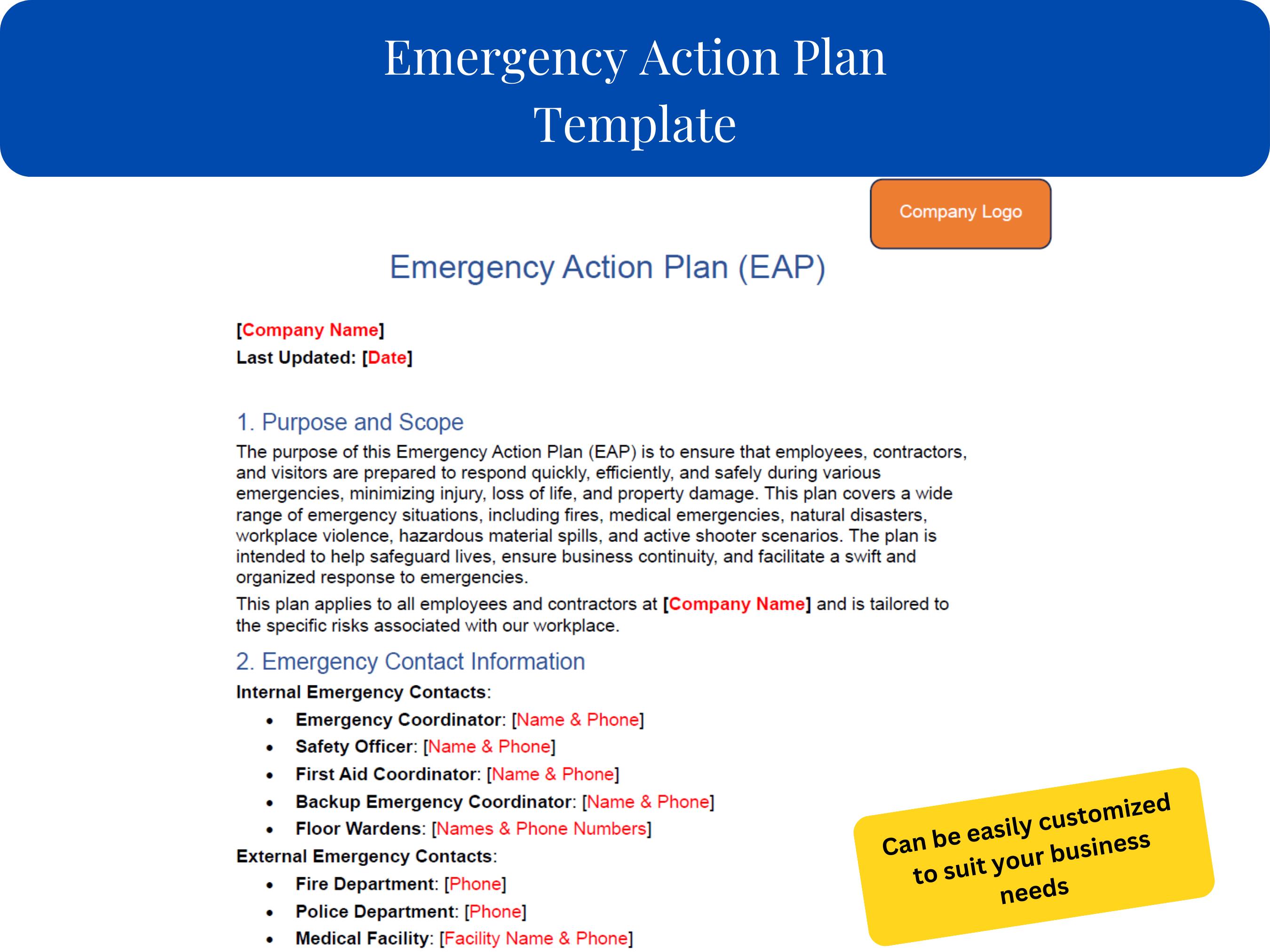 Emergency Action Plan Template | Editable 6-Page Emergency Procedure Document | Workplace Safety Plan for Business Owners