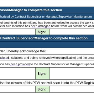 May include: A blue and white form with text fields for authorization, close out, and signatures. The form includes sections for the contract supervisor/manager and the contractor, with checkboxes and signature lines for verification and completion.