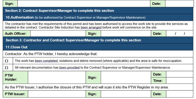 May include: A blue and white form with text fields for authorization, close out, and signatures. The form includes sections for the contract supervisor/manager and the contractor, with checkboxes and signature lines for verification and completion.