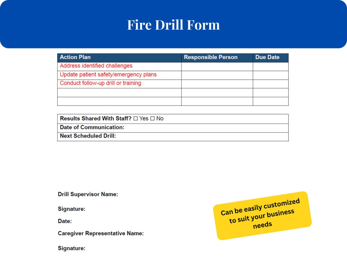 Care Home Fire Drill Template: Editable Safety Checklist (printable) - Etsy