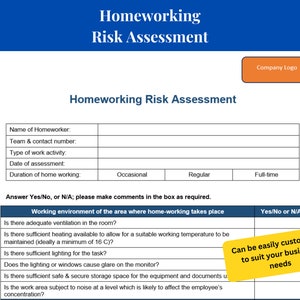 May include: A printable homeworking risk assessment form with sections for the name of the homeworker, team and contact number, type of work activity, date of assessment, and duration of home working. The form includes a section for working environment with questions about ventilation, heating, lighting, glare, storage space, and noise. The form is customizable to suit your business needs.