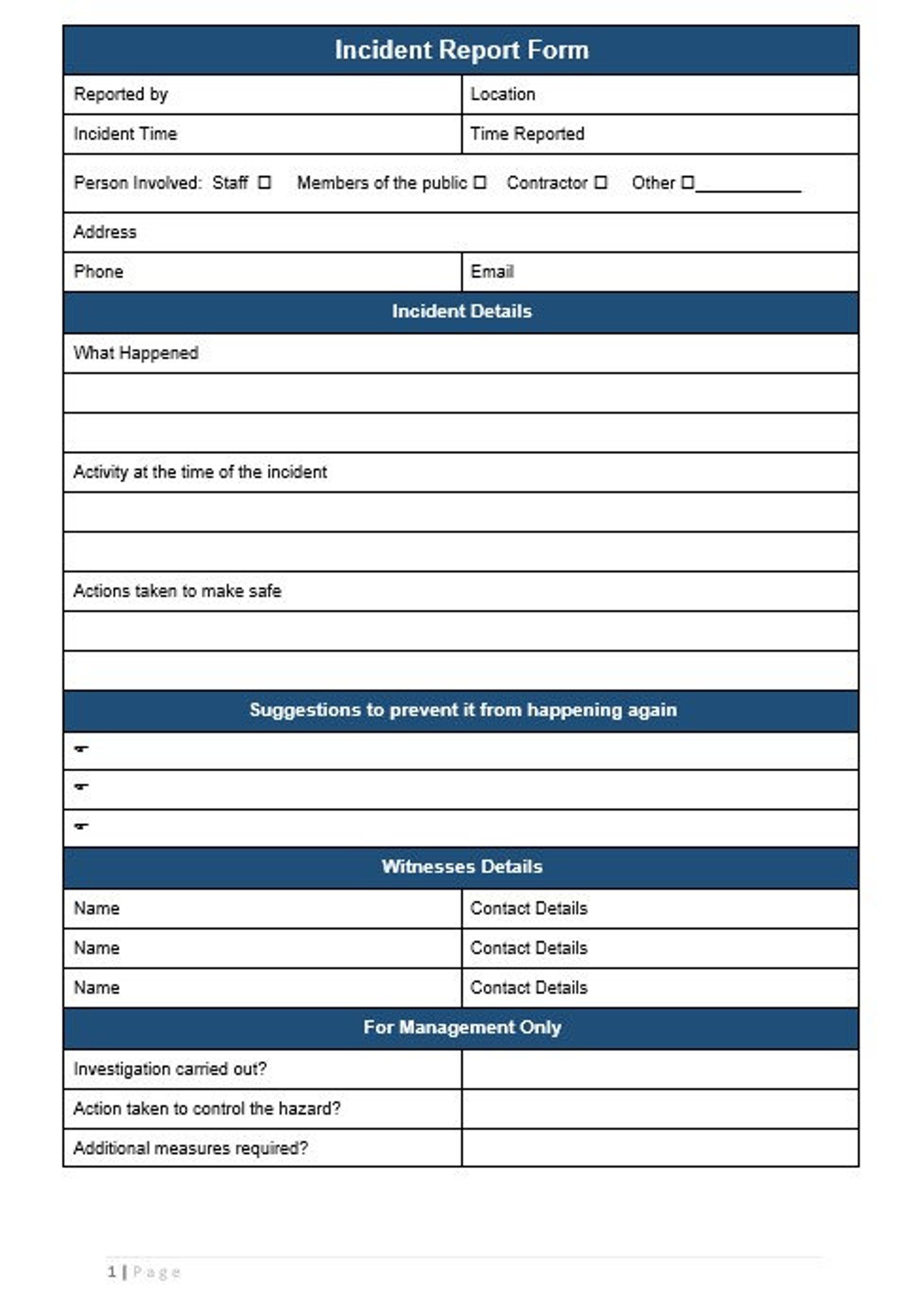 Incident Report Form Incident Reporting Template Incident Record