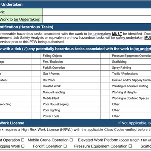 May include: A safety form with sections for work details, hazard identification, and high-risk work licenses. The form includes checkboxes for various hazardous tasks like asbestos work, explosives, and forklift operation. The document is designed for workplace safety.