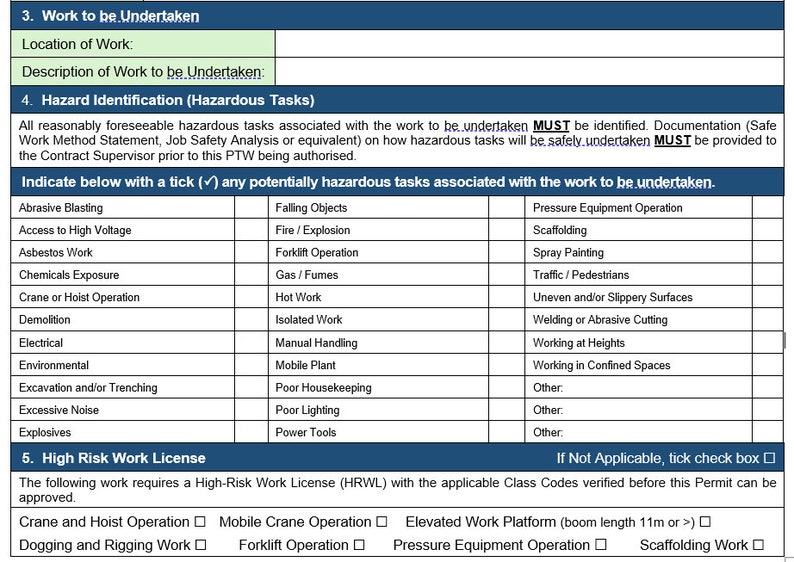 May include: A safety form with sections for work details, hazard identification, and high-risk work licenses. The form includes checkboxes for various hazardous tasks like asbestos work, explosives, and forklift operation. The document is designed for workplace safety.
