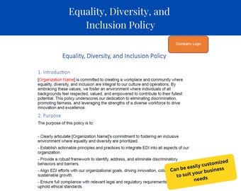 Comprehensive Equality, Diversity & Inclusion Policy Template | Editable HR Policy for SMEs | Word Document
