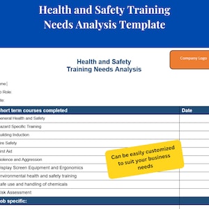 Op de afbeelding: Een printbare sjabloon voor een analyse van de behoeften op het gebied van gezondheid en veiligheidstraining met een blauwe kop en een oranje knop met de tekst "Bedrijfslogo". De sjabloon bevat secties voor afgeronde korte cursussen, taakspecifieke trainingen en een kolom voor de datum.