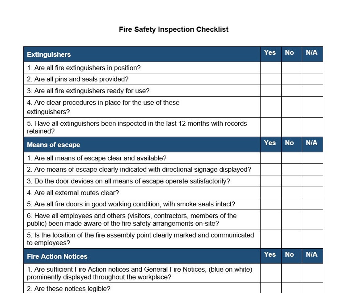 Fire Safety Inspection Checklist Printable and Customisable Fire Safety
