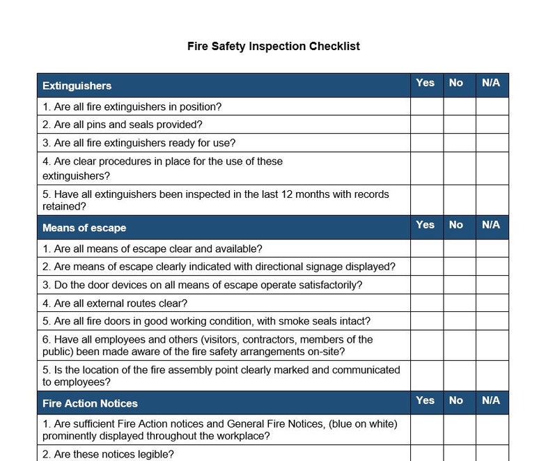 Fire Safety Inspection Checklist Printable and Customisable Fire Safety
