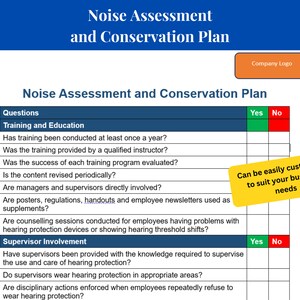Op de afbeelding: Een checklist voor geluidbeoordeling en een behoudsplan met vragen over training en opleiding, betrokkenheid van supervisors en ja- of nee-opties voor elke vraag. De checklist is aanpasbaar om aan de behoeften van uw bedrijf te voldoen.