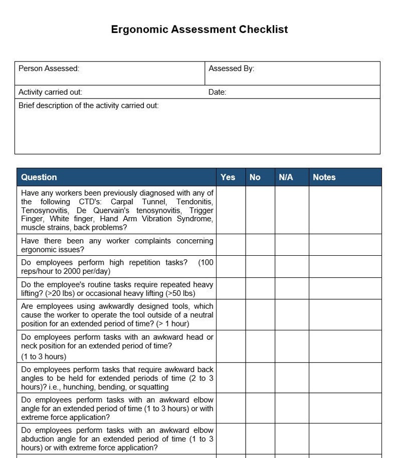 Ergonomic Assessment Checklist and Evaluation for Workplace Safety