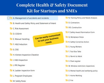 Könnte beinhalten: Eine Checkliste mit Gesundheits- und Sicherheitsdokumenten für Startups und kleine und mittlere Unternehmen (KMU). Die Checkliste umfasst Punkte wie die Verwaltung von Unfällen und Zwischenfällen, die Gesundheits- und Sicherheitsrichtlinie, die Risikobewertung, COSHH, manuelles Handling, H&S-Einweisung, DSE, Kücheninspektionscheckliste, H&S-Inspektion, PPE-Register, Leiterninspektionsformular, schwangere Mitarbeiter, Sicherheitsregeln, Schulungsrichtlinie und Bedarfsanalyse, Auftragnehmer, Bauwesen, Sicherheitsauszeichnungnominierungsformular, Arbeitsstress, Sicherheitskorrekturmaßnahmen, junge Arbeitnehmer, Werkzeugkasten-Gespräche, Arbeitserlaubnis, Pflanzenregister, Inspektionen von Fensterbegrenzern, Politik für psychische Gesundheit und Wohlbefinden, Heimarbeit und Feuer.