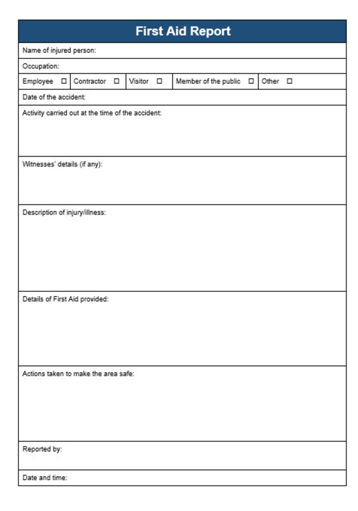 First Aid Report Form First Aid Report Template First Aid Incident