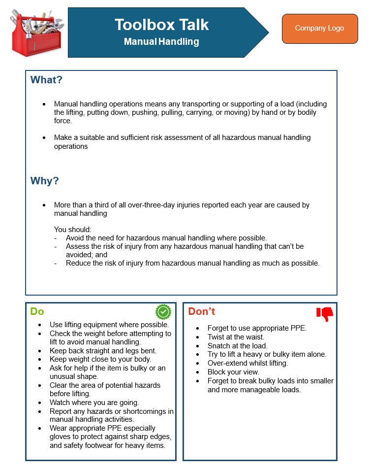 Essential Manual Handling Toolbox Talk Template in Word | Manual ...
