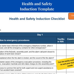 Puede incluir: Una lista de verificación de inducción de salud y seguridad azul y blanca. La lista de verificación incluye secciones para el nombre del nuevo empleado, el puesto de trabajo, el departamento y una tabla con preguntas sobre los procedimientos de emergencia. El texto "Se puede personalizar fácilmente para adaptarse a las necesidades de su negocio" está en un cuadro amarillo en la esquina inferior derecha de la lista de verificación.