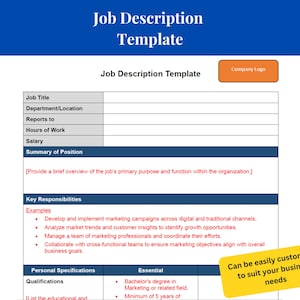 Puede incluir: Una plantilla de descripción de puesto con un esquema de color azul y blanco. La plantilla incluye secciones para el título del puesto, el departamento, la ubicación, los informes a, las horas de trabajo, el salario, el resumen del puesto, las responsabilidades clave, las especificaciones personales y las cualificaciones. La plantilla es personalizable para adaptarse a las necesidades de su negocio.
