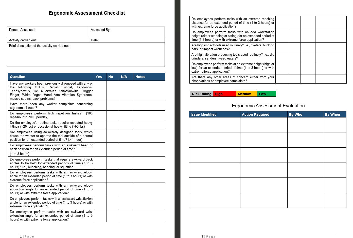 Ergonomic Assessment Checklist and Evaluation for Workplace Safety