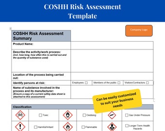 COSHH Risk Assessment Template | COSHH Risk Assessment Checklist | Control of Substances Hazardous to Health (COSHH) Assessment Form