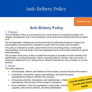 Könnte beinhalten: Ein Dokument, das eine Anti-Bestechungsrichtlinie für ein Unternehmen darlegt. Die Richtlinie betont ethische Entscheidungsfindung, Transparenz und die Einhaltung von Anti-Bestechungsgesetzen. Sie gilt für alle Mitarbeiter, Auftragnehmer und Stakeholder, einschließlich derer, die an internationalen Operationen beteiligt sind. Das Dokument besagt, dass die Richtlinie ein Eckpfeiler des Engagements des Unternehmens für ethische Geschäftspraktiken ist.