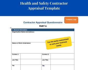 May include: A health and safety contractor appraisal template with a section for general information, nature of work undertaken, and contact details. The template is easily customizable to suit business needs.