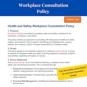 Health and Safety Consultation Policy Template Editable | Workplace Safety Document for Small Business Compliance | Workplace Consultation