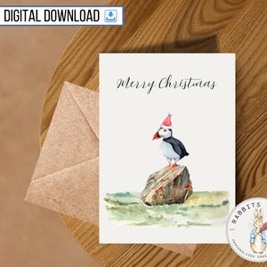 Cartão de Feliz Natal Puffin para impressão, Download digital, Bonitinho Boas Festas, Natal, Chapéu engraçado de pássaro nórdico, Amigo, Anfitrião, Presente de Papai Noel Secreto