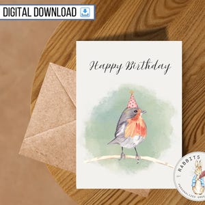 Cartão de feliz aniversário de pássaro para impressão, Download digital, Pássaro colorido fofo no galho, Simples e minimalista, Amigo, Colega de trabalho, Presente para imprimir em casa