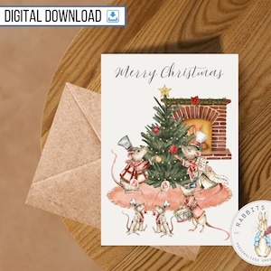 Tarjeta imprimible de Feliz Navidad con la familia de 5 ratas, tarjeta de 5 x 7 pulgadas, descarga digital, felices fiestas, amigo invisible, regalo de Navidad acogedor, lindo y simple