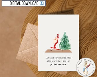 Carte de joyeux Noël yoga drôle à imprimer, téléchargement numérique, joyeuses fêtes amusantes, Noël zen paix, ami yogi, collègue, cadeau secret père Noël