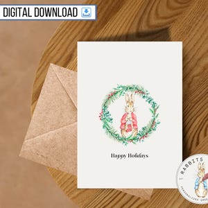 Couronne de lapin joyeux Noël imprimable, carte de 5 x 7 pouces, téléchargement numérique, joyeuses fêtes, cadeau secret du père Noël, Noël simple ami mignon