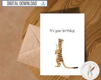 Grappige gelukkige verjaardagskaart stokstaartje, afdrukbaar, kaart van 5 x 7 inch, vriend, cadeau dierenliefhebber, collega, gekke humoristische verjaardag (digitale download)