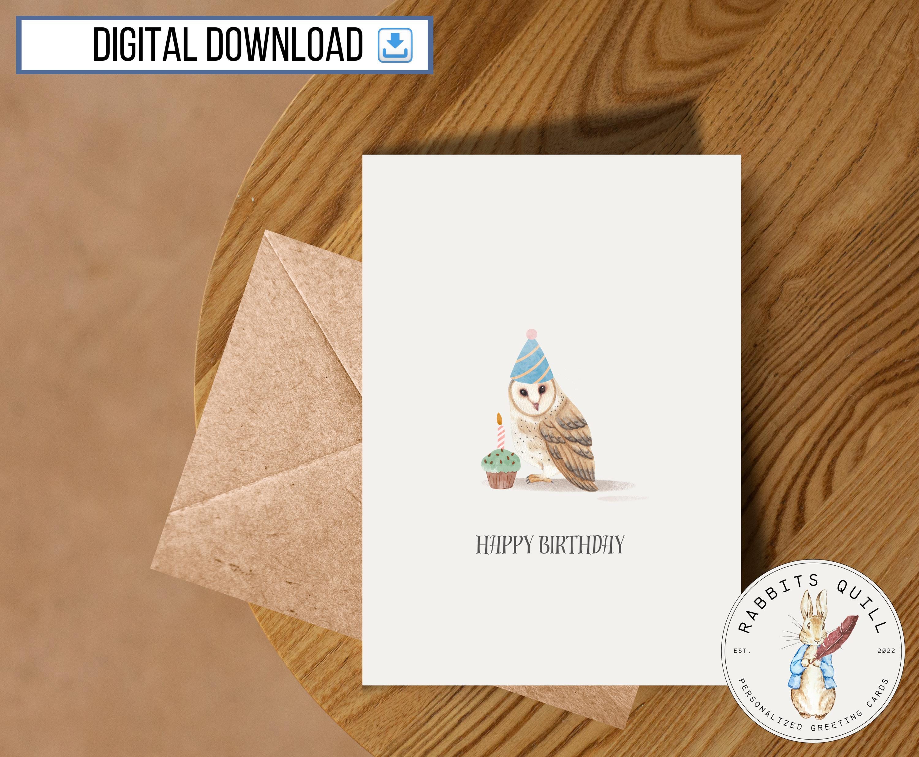 Funny Owl Birthday Card, Printable, 5x7 inch card, Bday Hat, Cupcake, Friend, Coworker, Animal lover