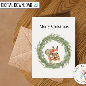 Carte joyeux Noël couronne d'écureuil imprimable, carte de 5 x 7 pouces, téléchargement numérique, joyeuses fêtes, cadeau secret du père Noël, Noël simple ami mignon