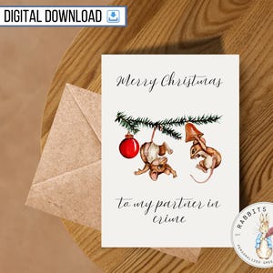Carte joyeux Noël souris drôle imprimable, 5 x 7 pouces, téléchargement numérique, joyeuses fêtes, Noël, cadeau ami mignon simple, partenaire dans le crime