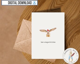 Carte de Noël hibou à imprimer, carte de 5 x 7 pouces, téléchargement numérique, carte de vœux magique, joyeuses fêtes, carte volante hibou de Noël, joyeux Noël