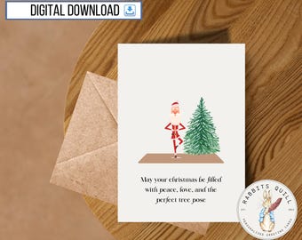 Carte de joyeux Noël yoga drôle à imprimer, téléchargement numérique, joyeuses fêtes amusantes, Noël zen paix, ami yogi, collègue, cadeau secret père Noël