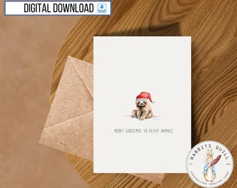 Funny Sloth Merry Christmas Card, Printable, 5x7 inch card, Happy Holidays, Friend, Coworker, Silly Ironic, Animal gift  (Digital Download)