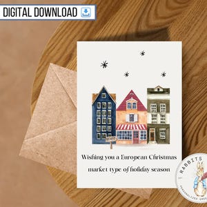 Carte imprimable européenne de joyeux Noël, carte de 5 x 7 pouces, téléchargement numérique, joyeuses fêtes, maisons en rangée, vin chaud, cadeau de Noël simple ami mignon