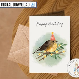 Cartão de feliz aniversário de pássaro para impressão, Download digital, Pássaro colorido fofo no galho, Simples e minimalista, Amigo, Colega de trabalho, Presente para imprimir em casa