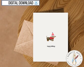 Carte de joyeuses fêtes de chien imprimable, carte de 5 x 7 pouces, téléchargement numérique, jolie carte de Noël, carte de Noël de chiot, carte drôle de chien teckel